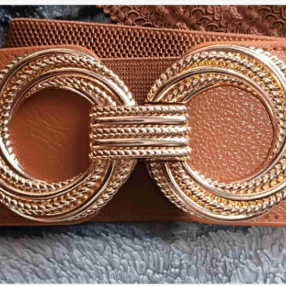 Brown Round Buckle Wide Elastic Belt - Picture 6 of 6